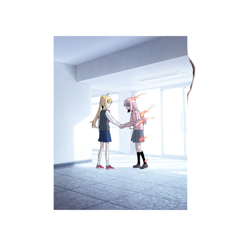 2girls, absurdres, blonde_hair, bocchi_the_rock!, burning, gotou_hitori, handshake, highres