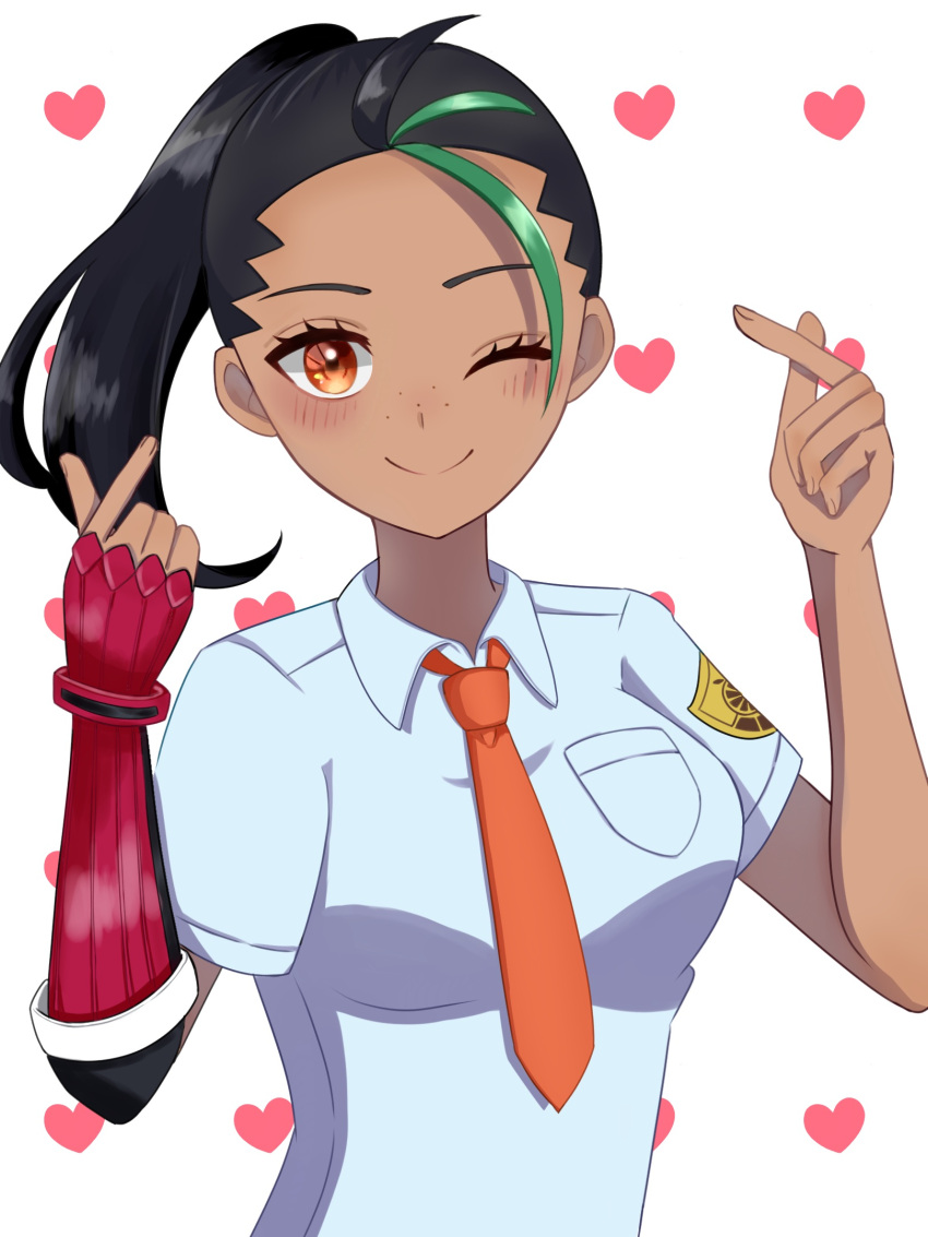 1girl, ;), bangs, black_hair, blush, breast_pocket, breasts, closed_mouth