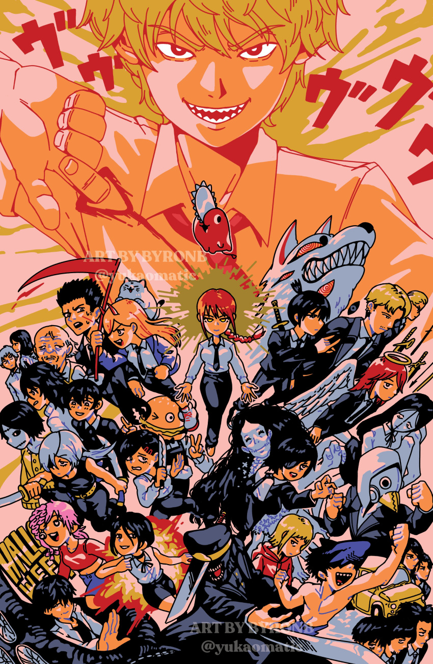 absurdres, akane_sawatari_(chainsaw_man), aldo_(chainsaw_man), angel_devil_(chainsaw_man), angel_wings, animal_on_head, arm_up, bald