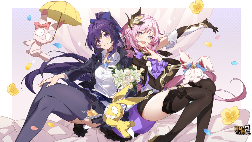 2girls, :d, bangs, benghuai_xueyuan, black_choker, black_jacket, black_shirt, black_shorts