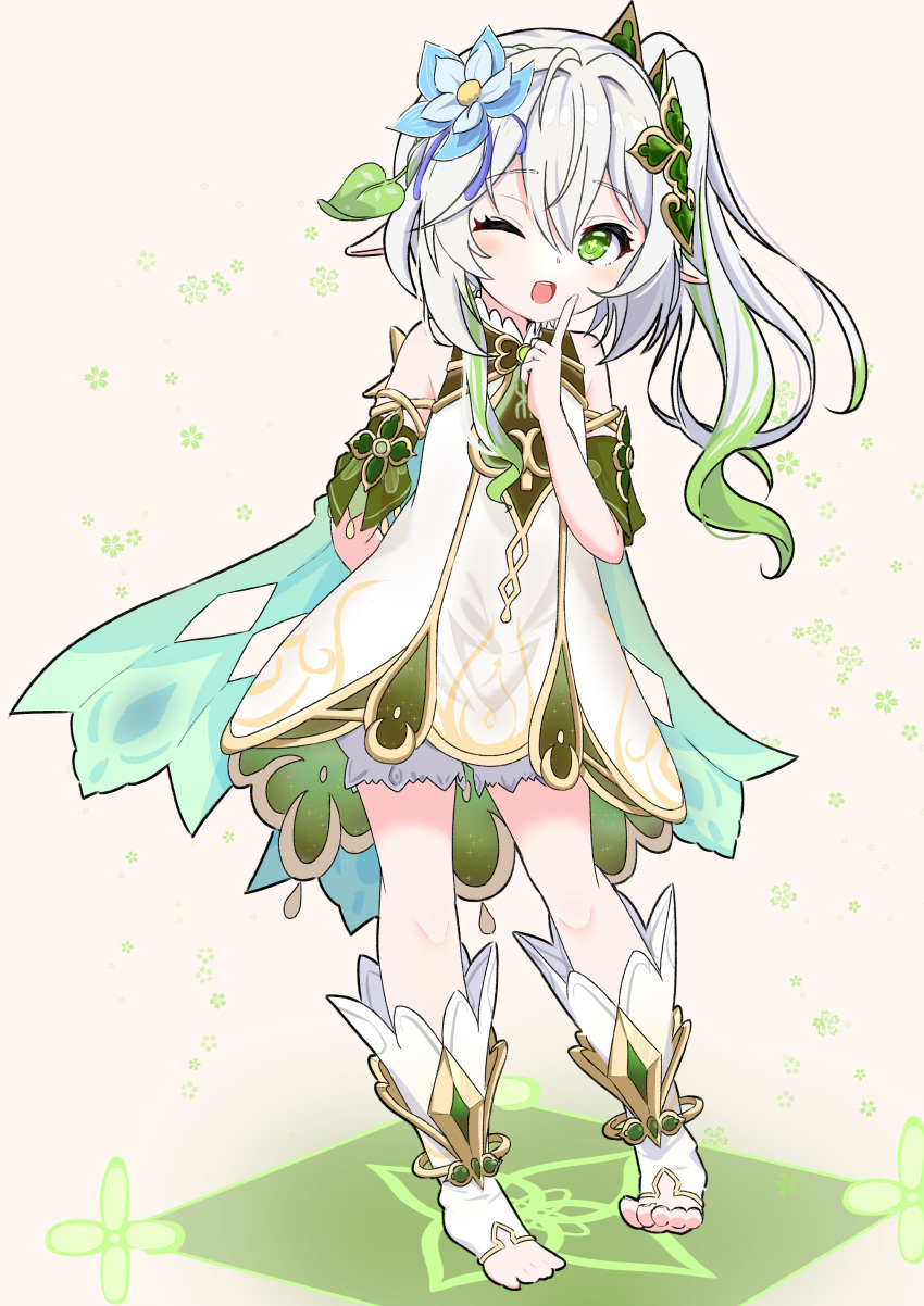 1girl, ;d, absurdres, arm_behind_back, bangs, bloomers, cape, commentary_request, detached_sleeves, dress, finger_to_mouth, flower, full_body, genshin_impact, gradient_hair, green_eyes, hair_between_eyes, hair_flower, hair_ornament, highres, index_finger_raised, long_hair, looking_at_viewer, multicolored_hair, nahida_(genshin_impact), one_eye_closed, pointy_ears, revision, sake_shake, short_sleeves, side_ponytail, sidelocks, simple_background, smile, solo, standing, stirrup_legwear, symbol-shaped_pupils, toeless_legwear, toes, underwear, white_background, white_dress, white_hair