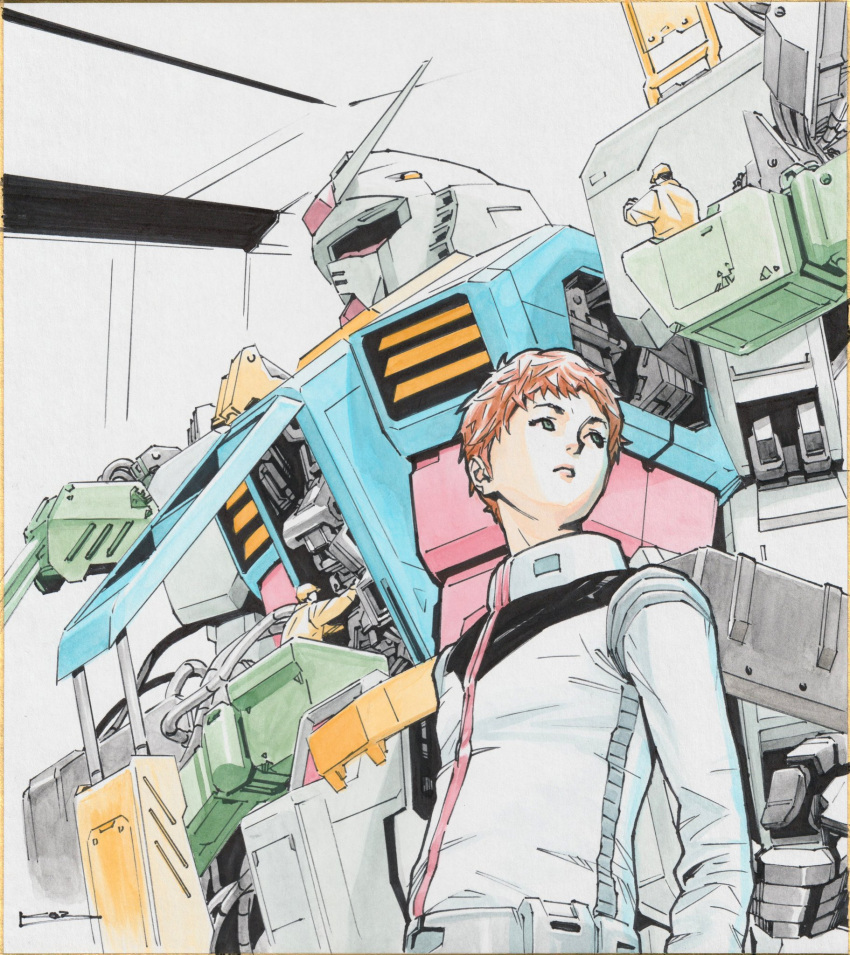 3boys, amuro_ray, baseball_cap, black_hair, brown_hair, frown, gundam, hair_behind_ear