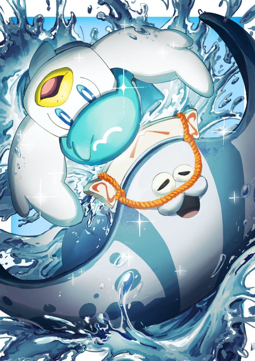 :3, animal_focus, anko2552, bangs, big_man_(splatoon), bird, blue_background, blue_eyes, blue_hair, blue_theme, border, bright_pupils, commentary_request, crossover, duck, from_above, full_body, happy, hat, highres, manta_ray, no_humans, open_mouth, outside_border, pokemon, pokemon_(creature), quaxly, rope, rotational_symmetry, short_hair, smile, sparkle, splashing, splatoon_(series), splatoon_3, swept_bangs, upside-down, water, white_border, white_headwear, white_pupils