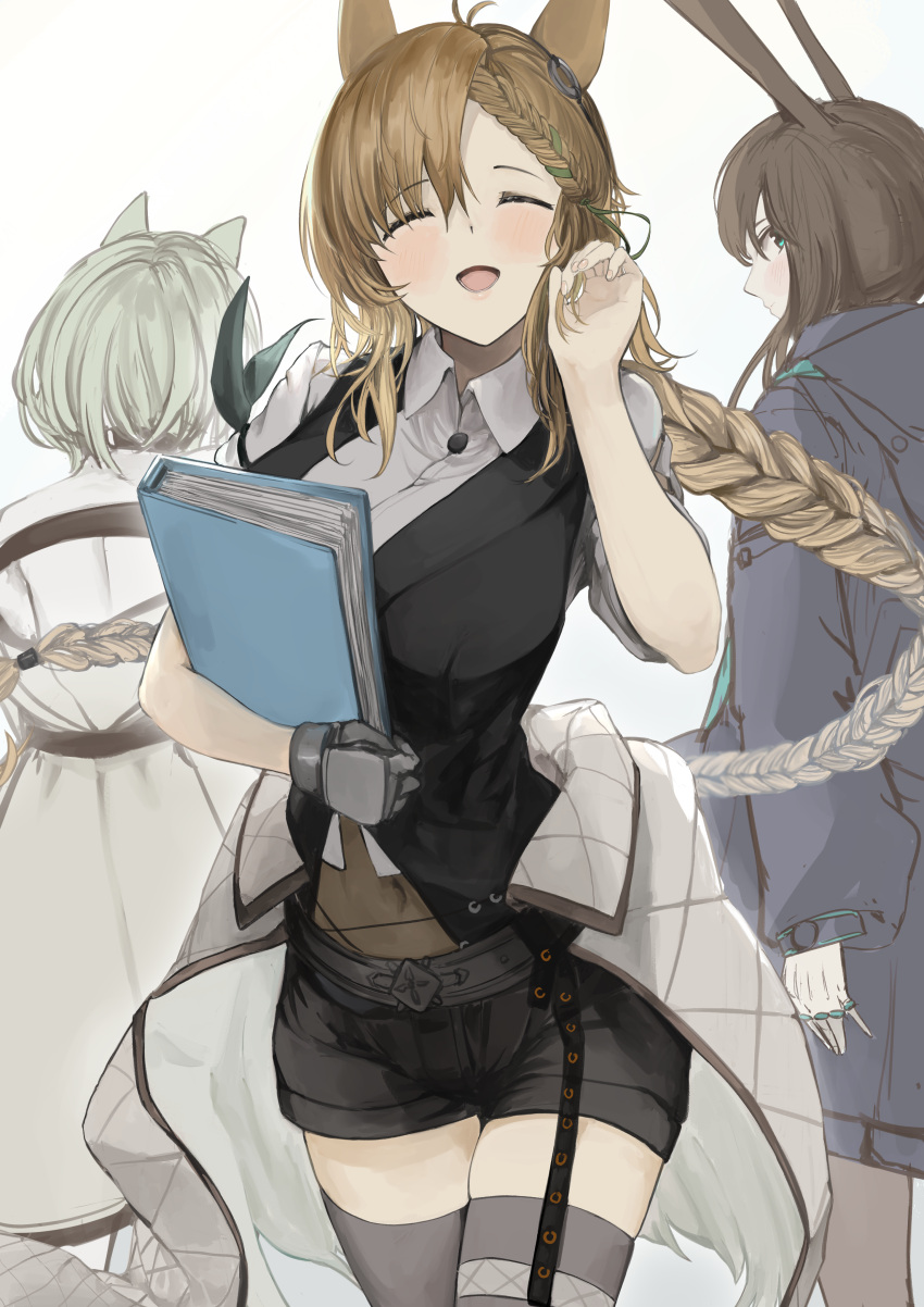 absurdres, amiya_(arknights), animal_ears, arknights, black_shorts, black_vest, blonde_hair, blue_eyes