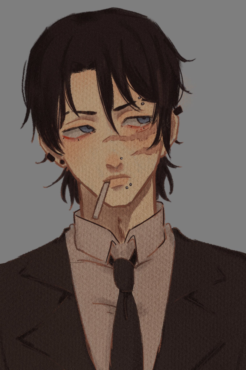 1boy, black_hair, black_jacket, black_necktie, blue_eyes, chainsaw_man, cigarette, collared_shirt
