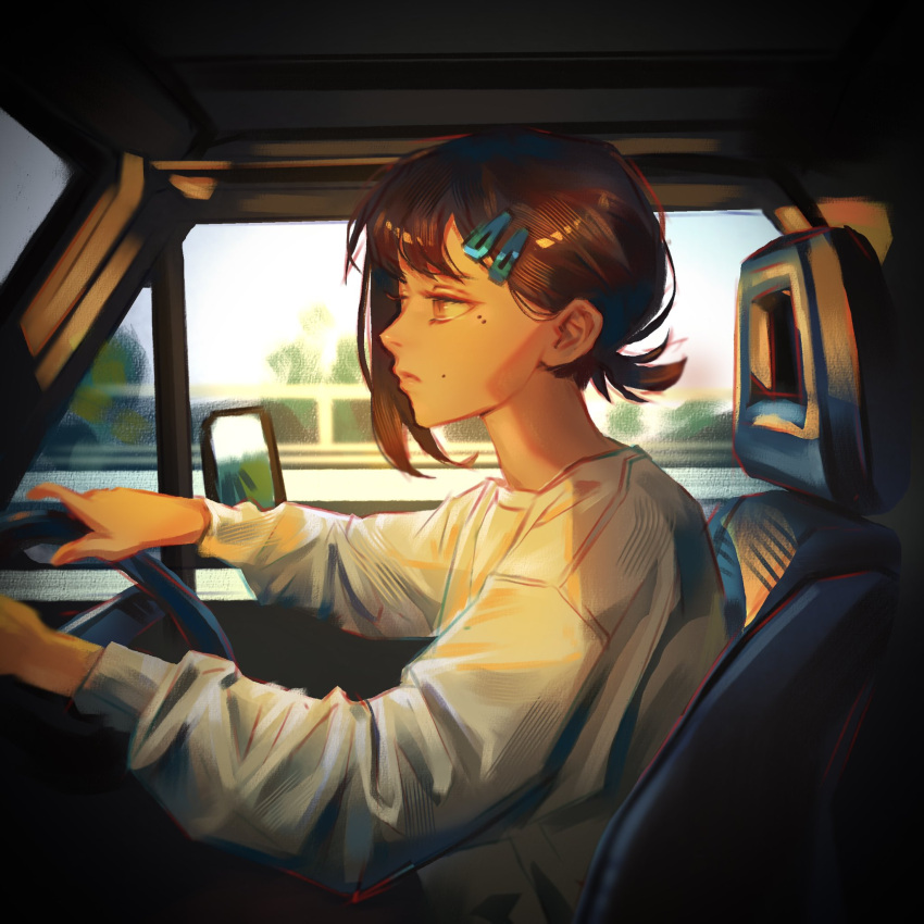 1girl, car, chainsaw_man, commentary, driving, english_commentary, ground_vehicle, hair_ornament