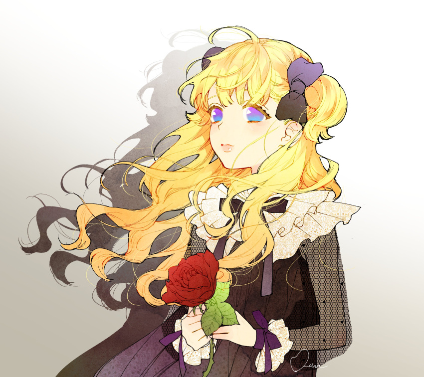1girl, absurdres, bangs, black_dress, blonde_hair, blue_bow, blue_eyes, blunt_bangs