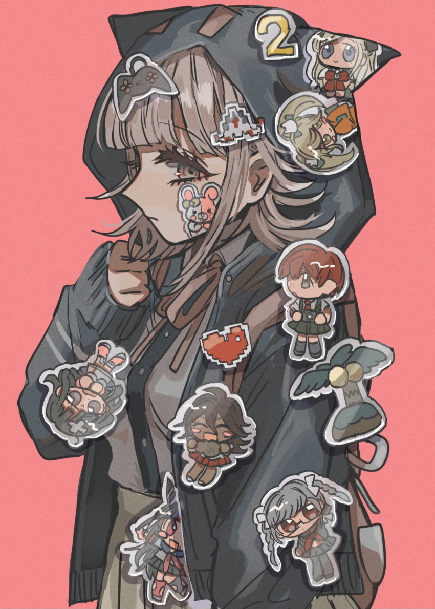 1girl, animal_ears, animal_hood, backpack, bag, bangs, black_jacket, black_shirt, brown_hair, brown_ribbon, brown_skirt, cat_hood, character_print, commentary, danganronpa_(series), danganronpa_2:_goodbye_despair, fake_animal_ears, from_side, galaga, grey_shirt, hair_ornament, hand_up, heart, highres, hood, hood_up, jacket, kara_aren, koizumi_mahiru, looking_at_viewer, medium_hair, mioda_ibuki, monomi_(danganronpa), nanami_chiaki, neck_ribbon, open_clothes, open_jacket, owari_akane, pekoyama_peko, pink_background, pleated_skirt, profile, ribbon, saionji_hiyoko, shirt, simple_background, skirt, solo, sonia_nevermind, spaceship_hair_ornament, sticker, tsumiki_mikan, two-tone_shirt