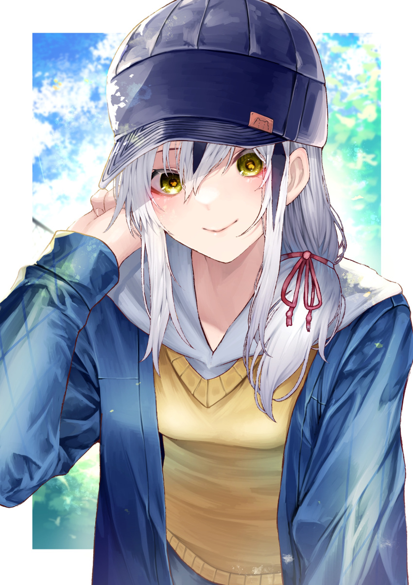 1girl, absurdres, alternate_costume, alternate_hairstyle, bangs, baseball_cap, black_hair, blue_headwear