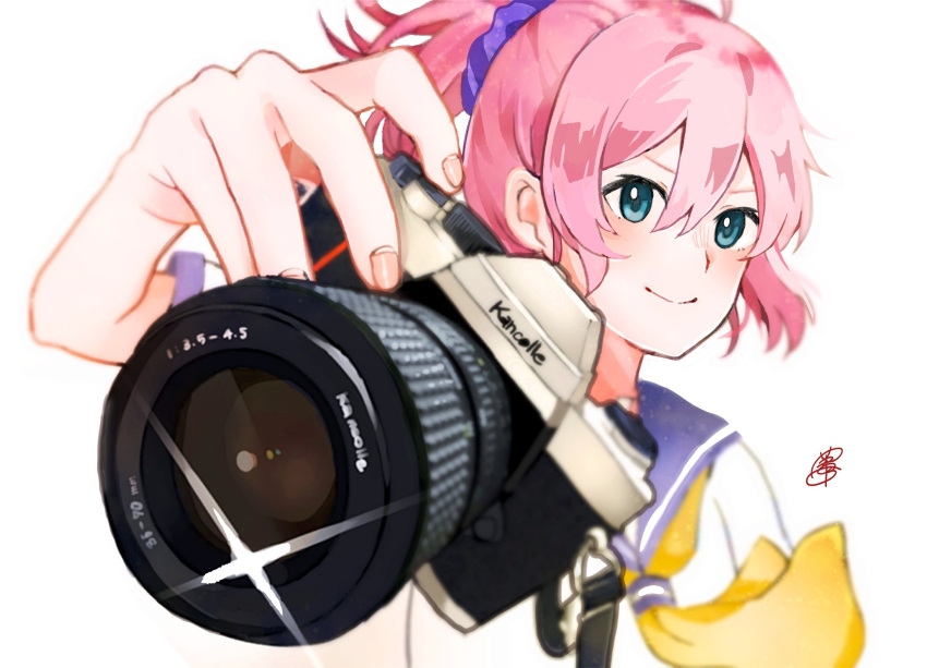 1girl, aoba_(kancolle), blue_eyes, blue_scrunchie, camera, glint, hair_ornament, hair_scrunchie
