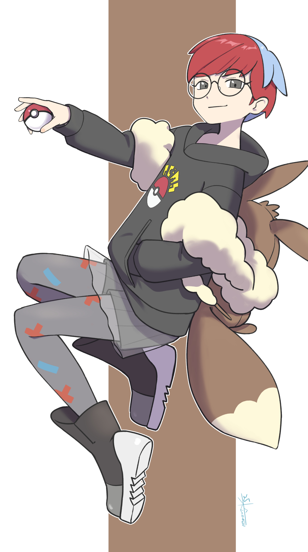 1girl, backpack, bag, bangs, black_hoodie, blue_hair, boots, brown_bag, closed_mouth, commentary_request, full_body, glasses, grey_eyes, hand_in_pocket, highres, holding, holding_poke_ball, hood, hoodie, long_sleeves, looking_to_the_side, multicolored_hair, pantyhose, penny_(pokemon), poke_ball, poke_ball_(basic), pokemon, pokemon_(game), pokemon_sv, ponchi-ponchi, redhead, round_eyewear, see-through, see-through_skirt, shorts, shorts_under_skirt, skirt, smile, solo, two-tone_hair