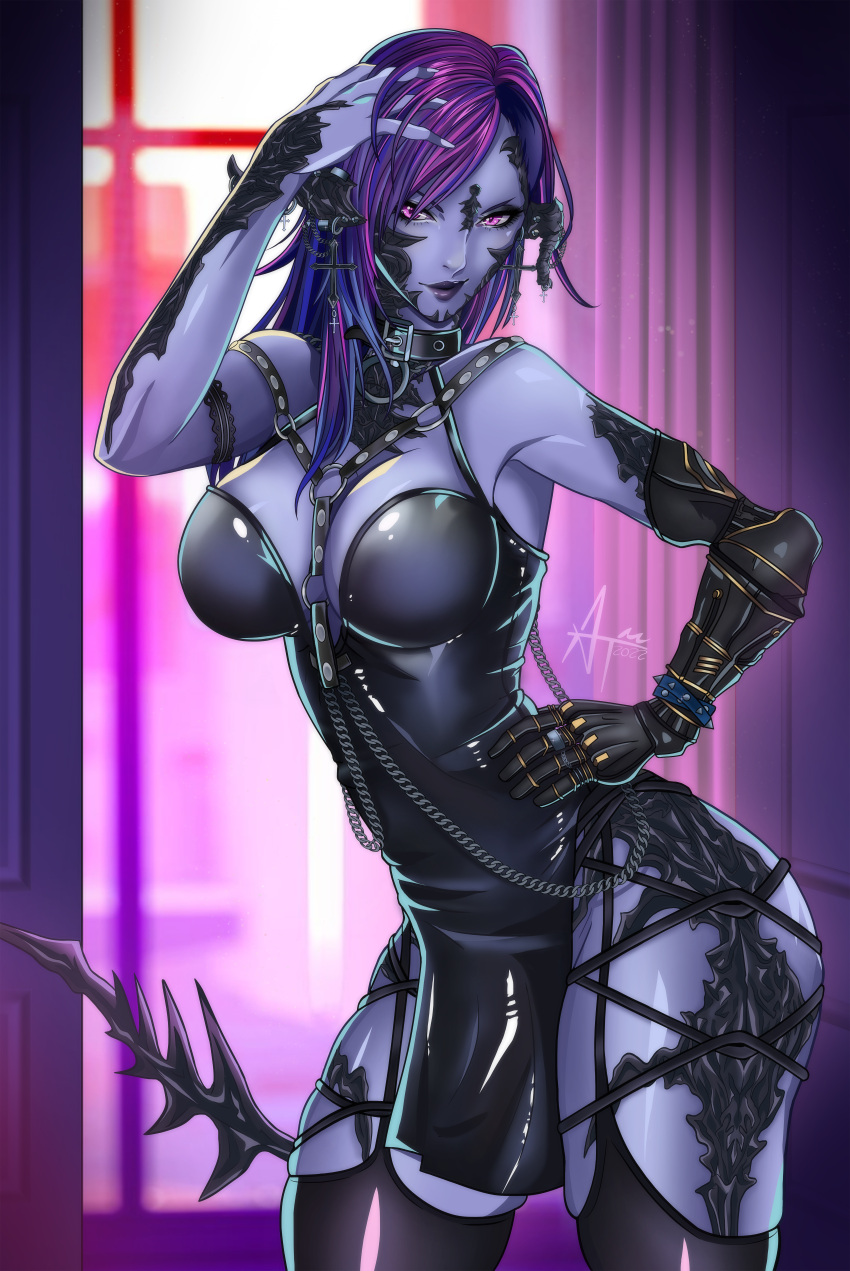 absurdres, arm_support, au_ra, blue_hair, cyberpunk, dress, final_fantasy, final_fantasy_xiv