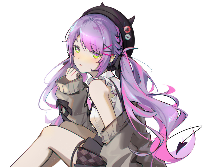 1girl, bangs, black_ribbon, braid, breasts, colored_inner_hair, commentary, demon_girl
