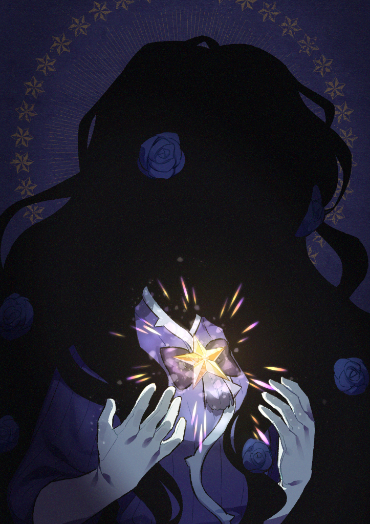 1girl, arms_up, barbara_(shadows_house), black_skin, blue_bow, blue_dress, blue_flower, blue_rose