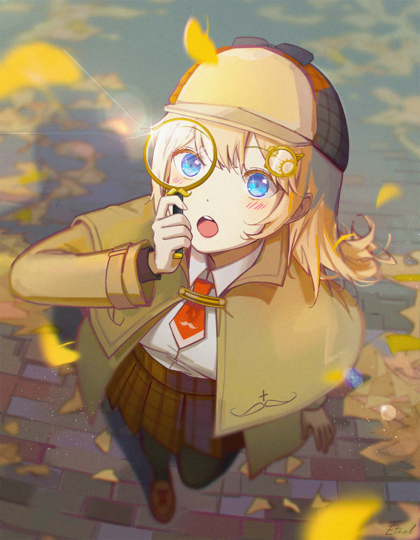 1girl, bangs, black_thighhighs, blonde_hair, blue_eyes, blurry, blush, breasts