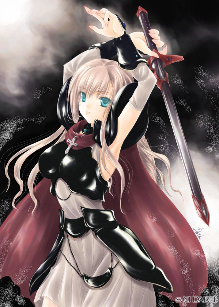 armpits, arms_up, blonde_hair, cross, daisei, jeanne_d'arc, jeanne_d'arc, jewelry, joan_of_arc, long_hair, necklace, solo, sword, weapon, xi_daisei
