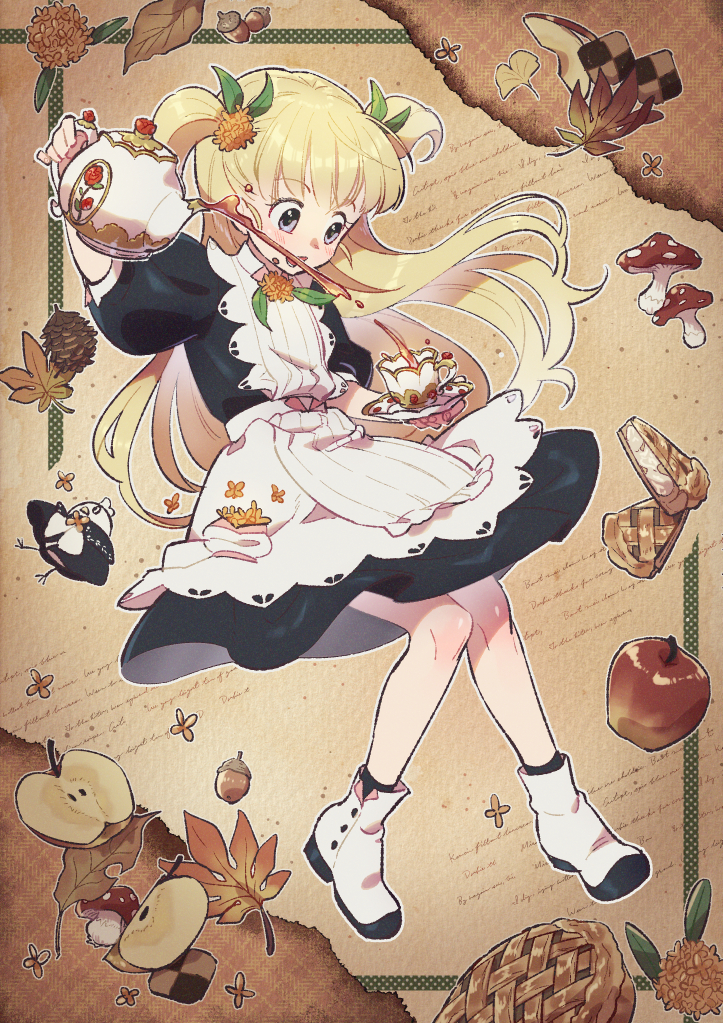 1girl, apple, apron, bangs, blonde_hair, blue_dress, blue_eyes, blunt_bangs, blush, bow, cookie, cup, dress, emilico_(shadows_house), flower, food, fruit, full_body, hair_bow, holding, holding_cup, leaf, long_hair, mushroom, nikomi_(nikomix), nut_(food), open_mouth, pie, puffy_short_sleeves, puffy_sleeves, shadows_house, short_sleeves, solo, spilling, tea, teacup, teapot, twintails, two_side_up, white_apron