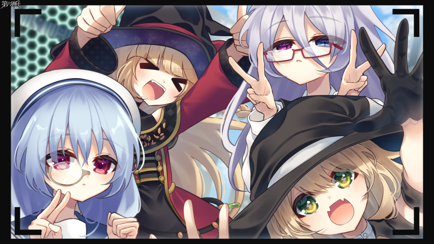 >_<, 4girls, :d, bangs, blonde_hair, blue_eyes, character_request, closed_eyes