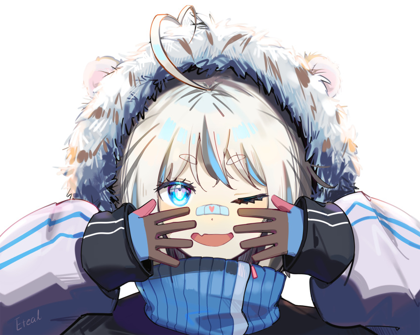 1girl, ahoge, artist_name, bandage_on_face, bandages, bangs, blue_eyes, byakko