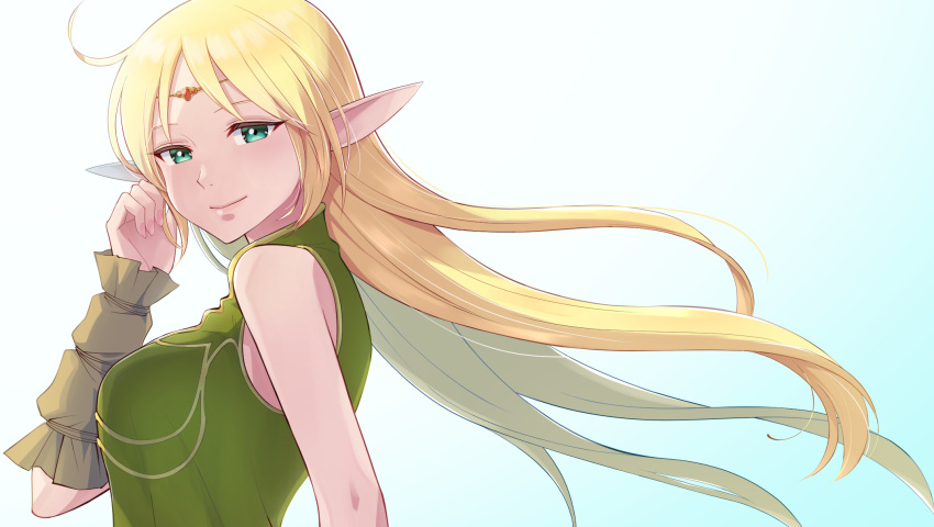 1girl, blonde_hair, circlet, closed_mouth, deedlit, elf, floating_hair, from_side, gradient, gradient_background, green_eyes, green_shirt, highres, junjonta, long_hair, looking_at_viewer, pointy_ears, record_of_lodoss_war, shiny, shiny_hair, shirt, sleeveless, sleeveless_shirt, smile, solo, straight_hair, upper_body, very_long_hair, white_background