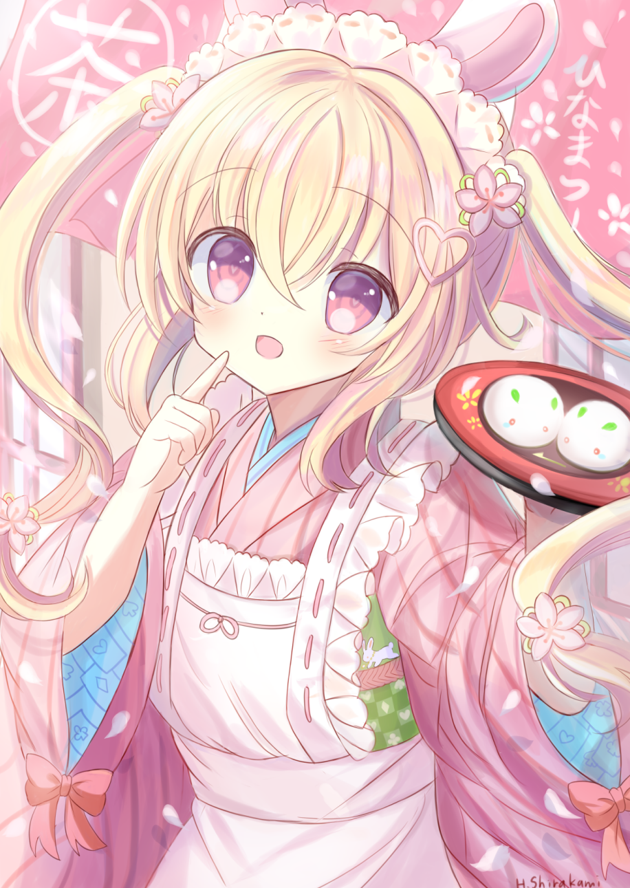 1girl, animal_ears, apron, bangs, blonde_hair, blush, cherry_blossoms, falling_petals