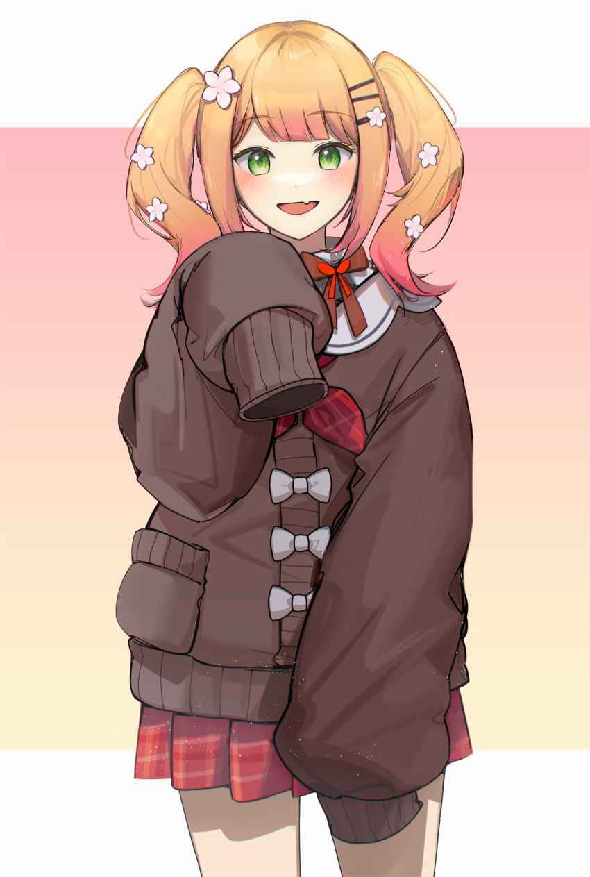 1girl, :d, animal_ears, bangs, blonde_hair, blunt_bangs, blush, bow, bowtie, breasts, brown_bow, commentary_request, cowboy_shot, fang, flower, gradient, gradient_background, gradient_hair, green_eyes, hair_flower, hair_ornament, hairclip, hand_up, highres, hololive, light_blush, long_hair, looking_at_viewer, momosuzu_nene, multicolored_hair, open_mouth, oversized_clothes, pink_hair, plaid, plaid_skirt, pleated_skirt, rainry, red_bow, red_bowtie, red_skirt, ribbon, shadow, simple_background, skin_fang, skirt, sleeves_past_fingers, sleeves_past_wrists, smile, solo, standing, straight-on, sweater, twintails, two_side_up, virtual_youtuber, white_bow, white_flower