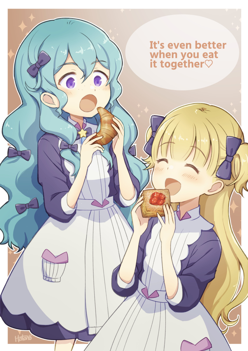 2girls, apron, bangs, barbie_(shadows_house), blonde_hair, blue_bow, blue_dress, blue_hair