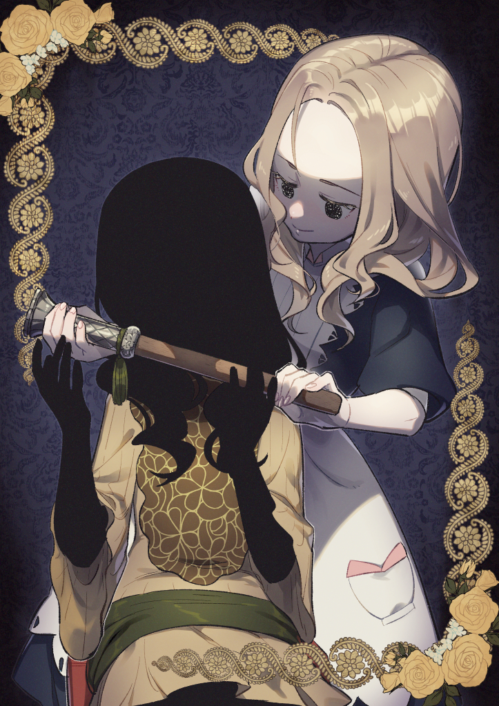 2girls, apron, black_eyes, black_hair, black_skin, blonde_hair, blue_dress, colored_skin, dress, holding, long_hair, medium_hair, mia_(shadows_house), multiple_girls, nikomi_(nikomix), sara_(shadows_house), shaded_face, shadow_(shadows_house), shadows_house, short_sleeves, sitting, smile, standing, white_apron, yellow_dress
