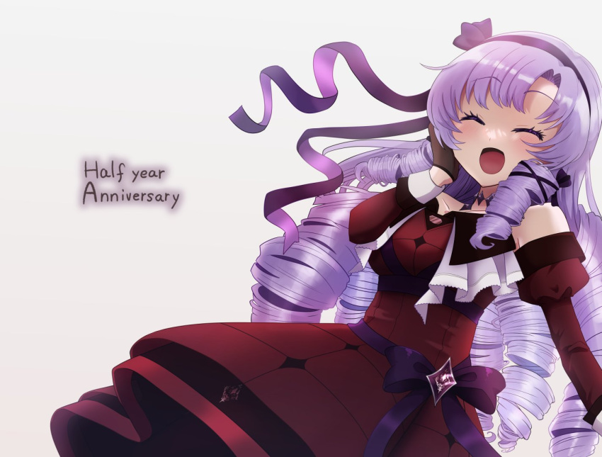 1girl, :d, bangs, black_gloves, closed_eyes, dress, drill_hair, english_text
