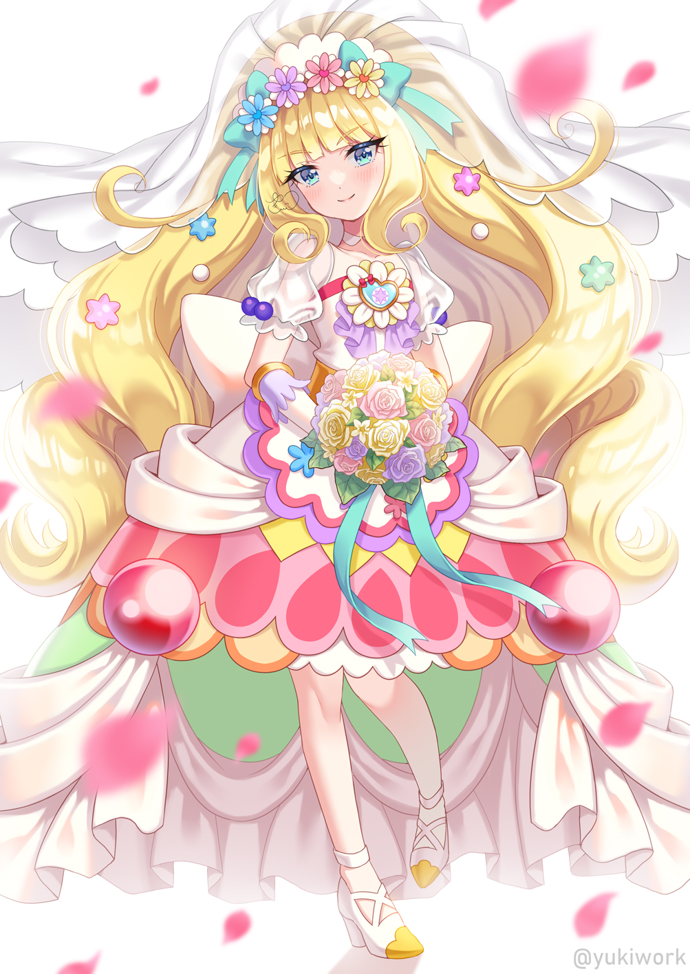 1girl, blonde_hair, blue_eyes, blush, bouquet, bridal_gauntlets, bridal_veil, brooch, choker, cure_finale, delicious_party_precure, dress, frills, full_body, hair_ornament, highres, holding, holding_bouquet, jewelry, juliet_sleeves, kasai_amane, long_hair, long_sleeves, magical_girl, precure, puffy_sleeves, tiara, twitter_username, veil, wedding_dress, white_footwear, yukinko_(yukiwork)