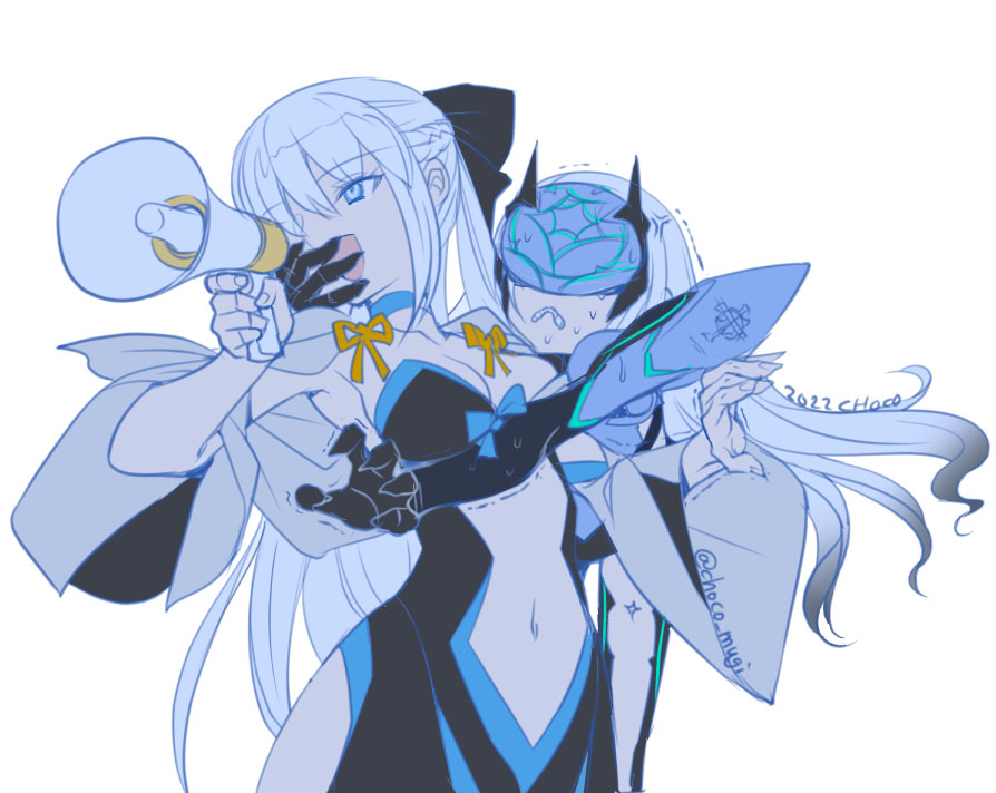 2girls, anger_vein, black_bow, blue_armor, bow, braid, breasts, center_opening, choco_(chocolate_shop), clothing_cutout, fairy_knight_lancelot_(fate), fairy_knight_lancelot_(first_ascension)_(fate), fate/grand_order, fate_(series), forked_eyebrows, french_braid, mask, megaphone, morgan_le_fay_(fate), multiple_girls, small_breasts, stomach_cutout, two-tone_dress, white_hair