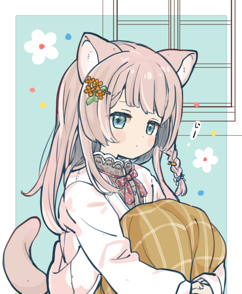 1girl, animal_ears, bangs, blue_eyes, blush, cardigan, cat_ears, cat_girl, cat_tail, fish_hair_ornament, flower, glaring, grey_hair, hacosumi, hair_flower, hair_ornament, highres, hugging_own_legs, jitome, long_hair, long_skirt, long_sleeves, neck_ribbon, original, plaid, plaid_skirt, polka_dot, polka_dot_ribbon, ribbon, skirt, solo, tail