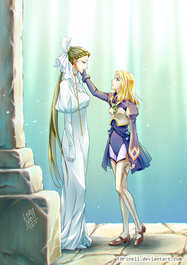 2girls, artist_name, blonde_hair, braid, brown_footwear, dated, deviantart_username, dress