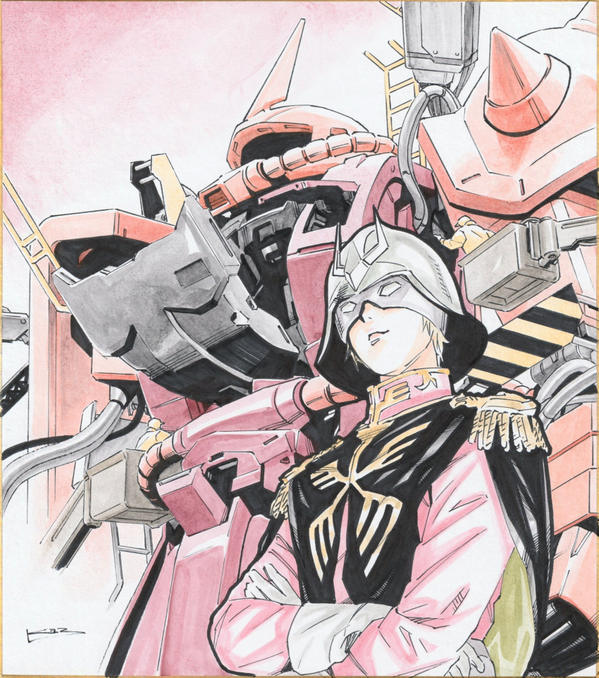 2boys, black_capelet, blonde_hair, cable, capelet, char_aznable, crossed_arms, gloves, gundam, hangar, helmet, highres, jacket, looking_up, male_focus, mask, mecha, mobile_suit, mobile_suit_gundam, multiple_boys, open_hatch, red_jacket, robot, shikishi, shoulder_spikes, smile, spikes, toweling3, traditional_media, v-fin, white_gloves, zaku_ii_s_char_custom