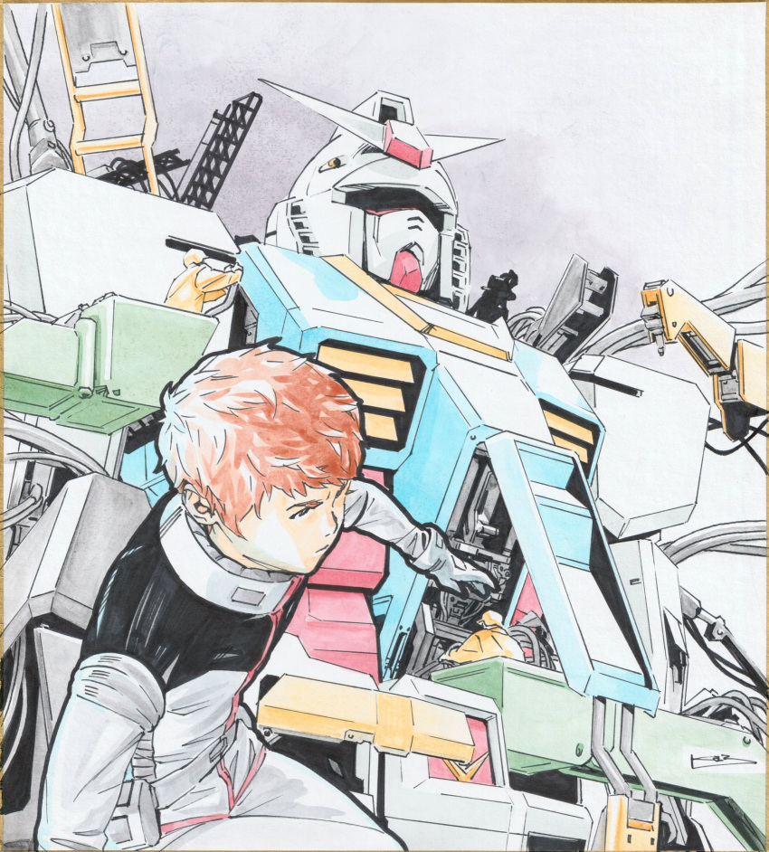 3boys, amuro_ray, baseball_cap, cable, gloves, grey_gloves, gundam, hangar
