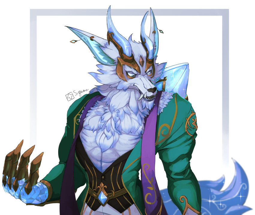 1boy, absurdres, animal_ears, bangs, body_fur, claws, fangs, furry, furry_male, gem, green_jacket, grey_fur, highres, hiuki73, horns, jacket, league_of_legends, long_hair, male_focus, open_clothes, open_jacket, pants, prestige_winterblessed_warwick, sharp_teeth, simple_background, solo, tail, teeth, warwick, white_background, white_eyes, white_pants, wolf_boy, wolf_ears, wolf_tail