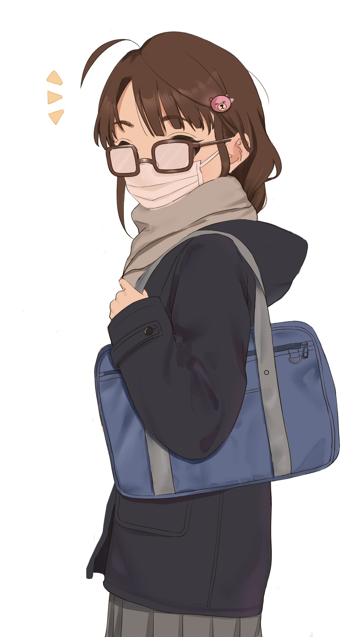 1girl, ahoge, bag, bear_hair_ornament, blue_coat, brown-framed_eyewear, brown_hair, coat
