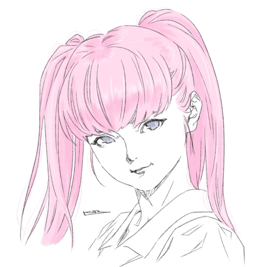 blue_eyes, char's_deleted_affair, gundam, hair_behind_ear, haman_karn, head_tilt, highres, long_hair, looking_at_viewer, pink_hair, portrait, shirt, signature, simple_background, sketch, smile, toweling3, violet_eyes, white_background