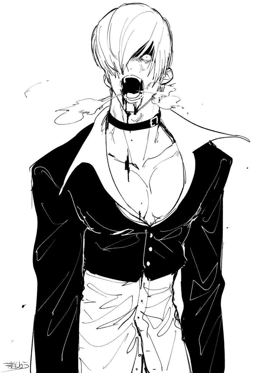 1boy, angry, blood, blood_on_face, choker, greyscale, hair_over_one_eye, heavy_breathing