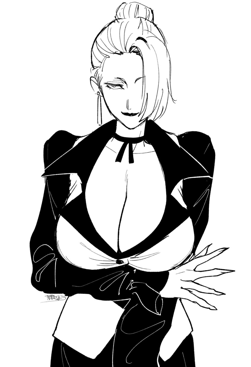 1girl, breasts, earrings, greyscale, hair_over_one_eye, highres, jewelry, lipstick, makeup, mature_(kof), monochrome, nail, ryo_yo_shi, the_king_of_fighters