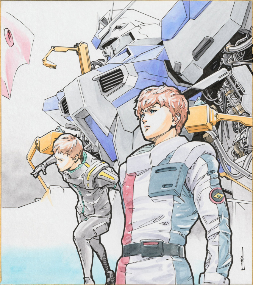 2boys, 2others, amuro_ray, belt, black_belt, black_gloves, blue_eyes, cable
