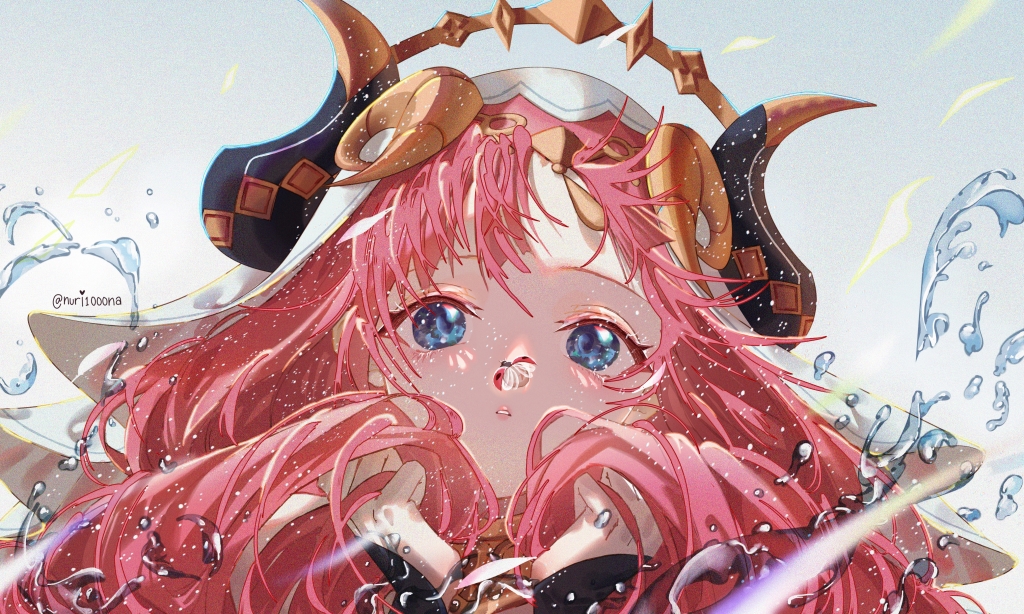 1girl, bangs, blue_eyes, bug, clenched_hands, commentary, english_commentary, genshin_impact, hands_up, holding, holding_hair, horns, insect_on_nose, ladybug, lips, long_hair, looking_at_viewer, nilou_(genshin_impact), nurinuri, parted_lips, pink_hair, portrait, solo, twitter_username, veil, water