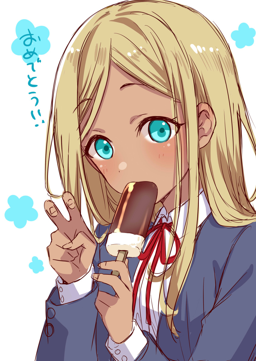 1girl, absurdres, aqua_eyes, bangs, blazer, blonde_hair, blue_jacket, blush