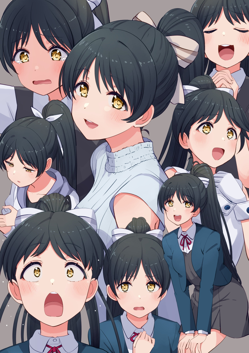 1girl, absurdres, bangs, birthday, black_hair, blush, closed_eyes, commentary, cream_(nipakupa), gloves, hair_ribbon, hazuki_ren, high_ponytail, highres, long_hair, looking_at_viewer, love_live!, love_live!_superstar!!, multiple_views, ponytail, ribbon, school_uniform, smile, surprised, upper_body, white_gloves, wish_song, yellow_eyes, yuigaoka_school_uniform