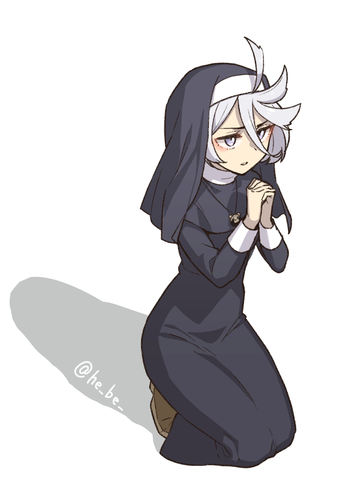 1girl, ahoge, brown_footwear, catholic, coif, grey_eyes, grey_hair, gundam