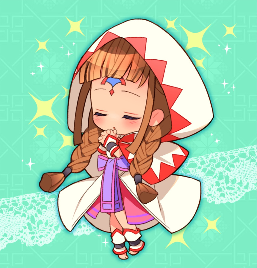 1girl, ankle_cuffs, bangs, barefoot, blue_background, blunt_bangs, blush, braid