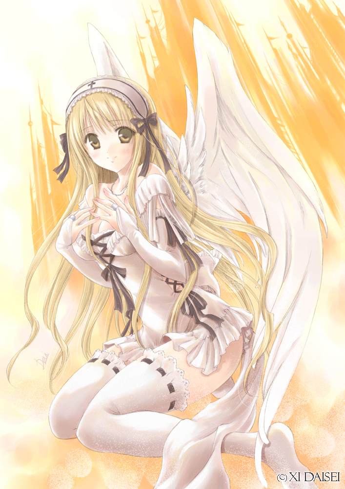 blonde_hair, bow, bridal_gauntlets, cross, daisei, dress, frills, garters