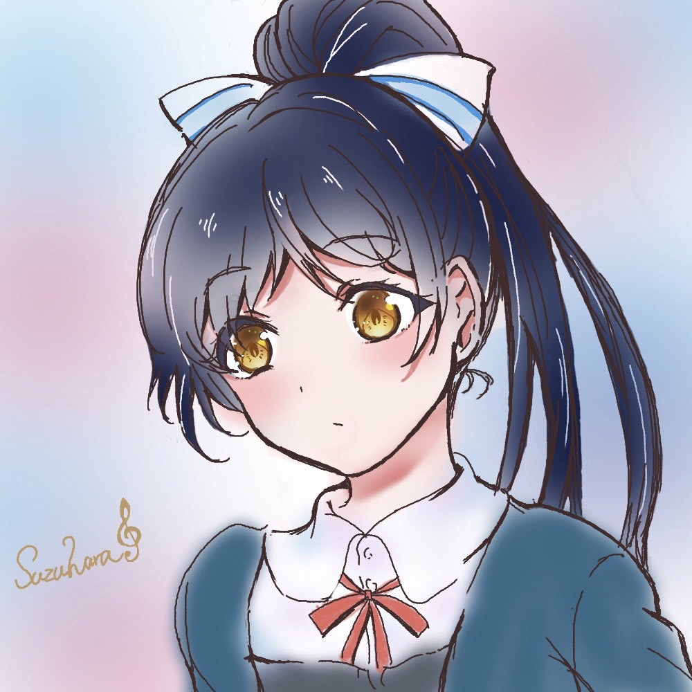 1girl, birthday, black_hair, blush, commentary, hair_ribbon, hazuki_ren, high_ponytail