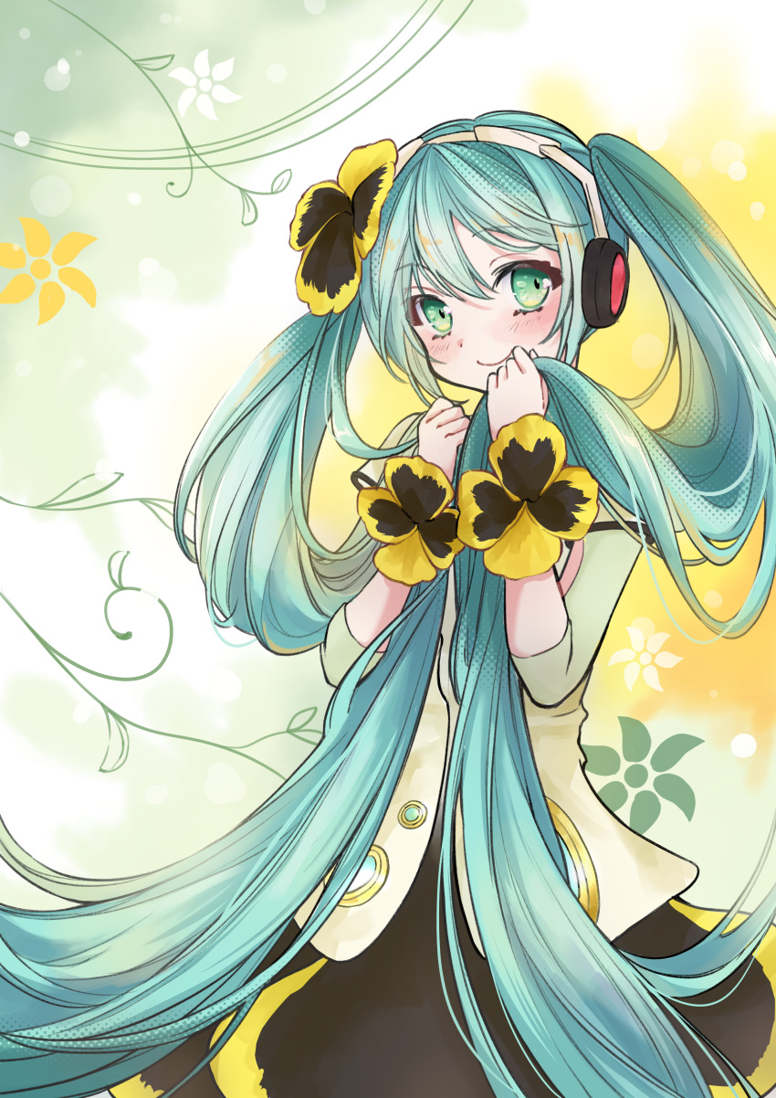 1girl, absurdres, bangs, blue_hair, blush, clothing_cutout, flower, green_eyes
