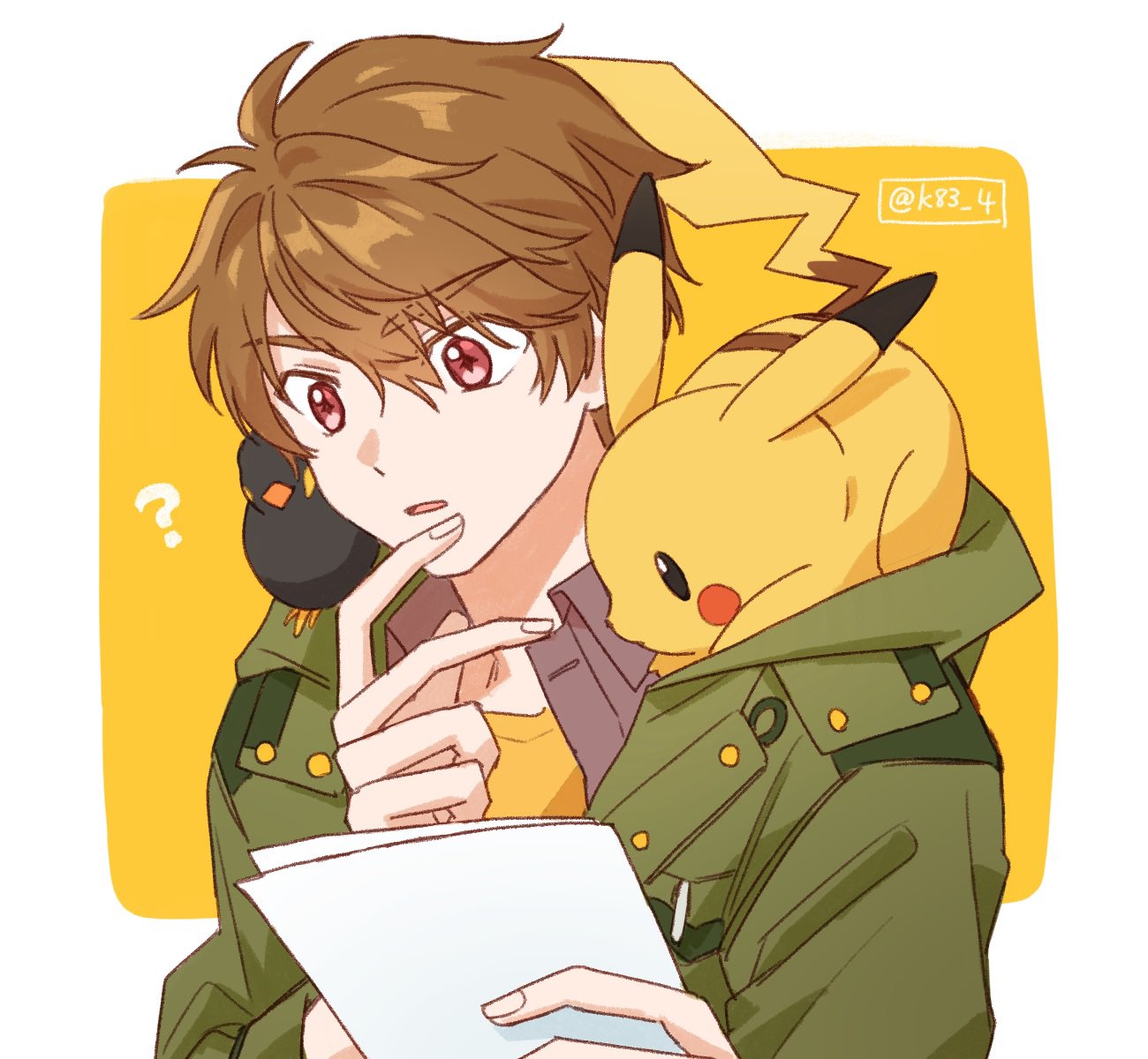 1boy, ?, artist_name, bangs, border, brown_eyes, brown_hair, crossover, green_jacket, highres, holding, holding_paper, jacket, koeda_(k83_4), luke_pearce_(tears_of_themis), male_focus, open_mouth, paper, pikachu, pokemon, pokemon_(creature), shirt, short_hair, solo, tears_of_themis, upper_body, white_border, yellow_background, yellow_shirt